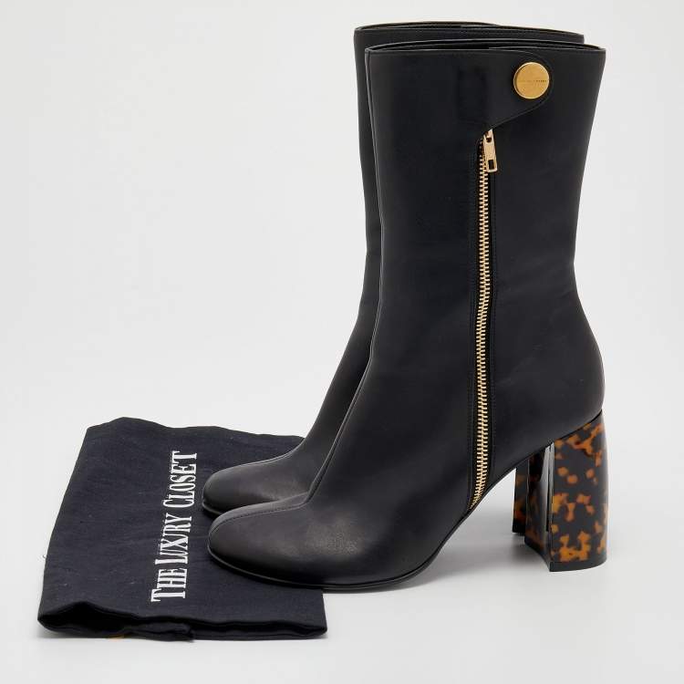 Pre Owned Stella McCartney Black Faux Leather Tortoise Block Heel "Percy" Ankle Boots Size 37