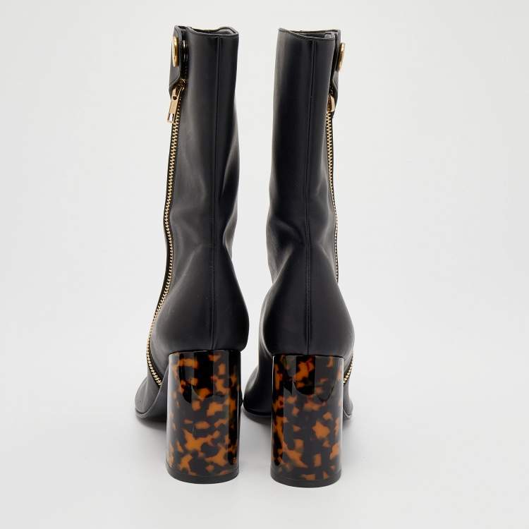 Pre Owned Stella McCartney Black Faux Leather Tortoise Block Heel "Percy" Ankle Boots Size 37