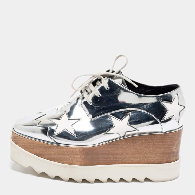 Pre Owned Stella McCartney Silver/White Faux Patent And Faux Leather Elyse Star Platform Lace Up Sneakers Size 38