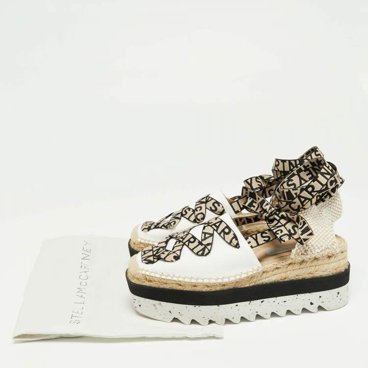 Pre Owned Stella McCartney White/Beige Canvas And Cotton Blend Gaia Ankle Wrap Espadrilles Sandals Size 39