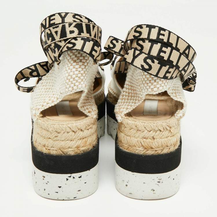 Pre Owned Stella McCartney White/Beige Canvas And Cotton Blend Gaia Ankle Wrap Espadrilles Sandals Size 39