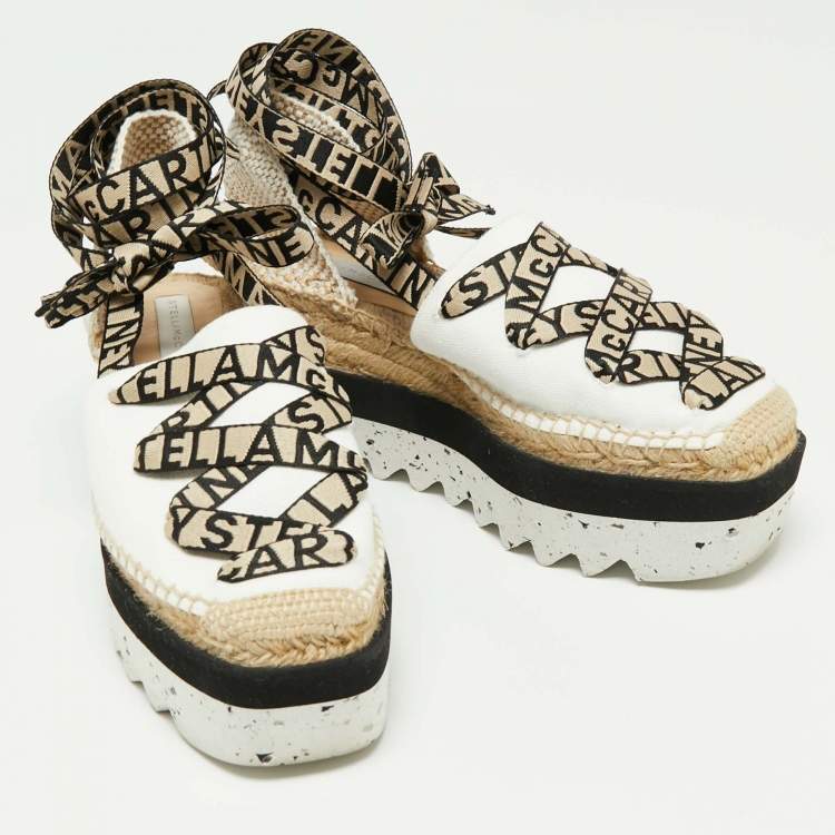 Pre Owned Stella McCartney White/Beige Canvas And Cotton Blend Gaia Ankle Wrap Espadrilles Sandals Size 39