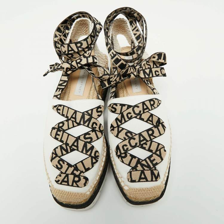 Pre Owned Stella McCartney White/Beige Canvas And Cotton Blend Gaia Ankle Wrap Espadrilles Sandals Size 39