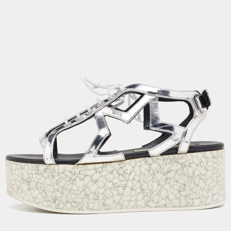 Pre Owned Stella McCartney Metallic Silver Cut Out Faux Leather Hackney Printed Wedge Platform Sandals Size 37
