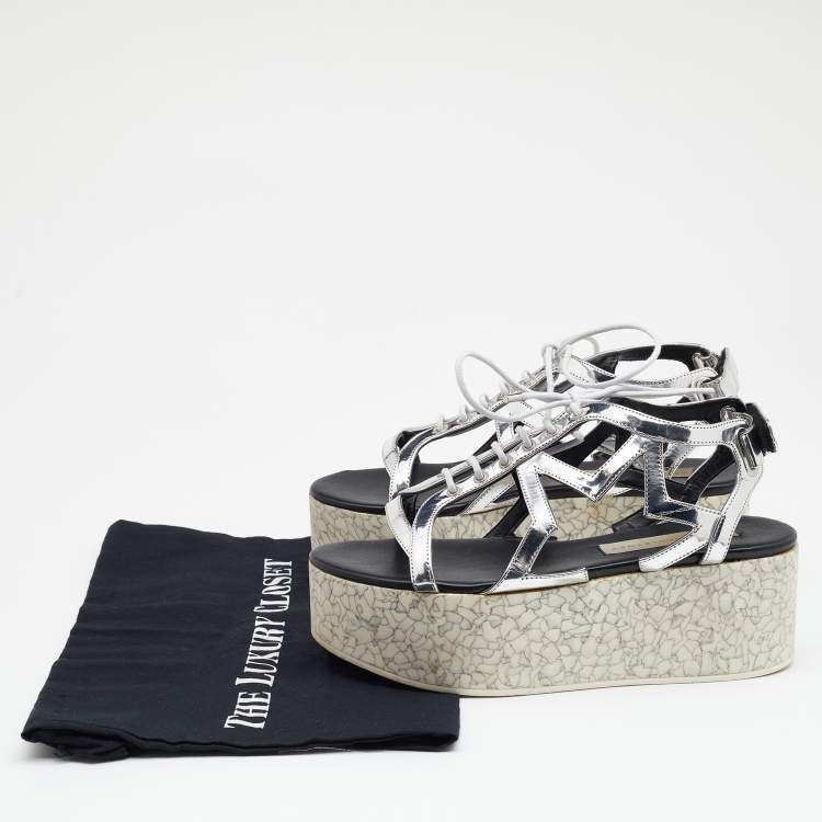 Pre Owned Stella McCartney Metallic Silver Cut Out Faux Leather Hackney Printed Wedge Platform Sandals Size 37