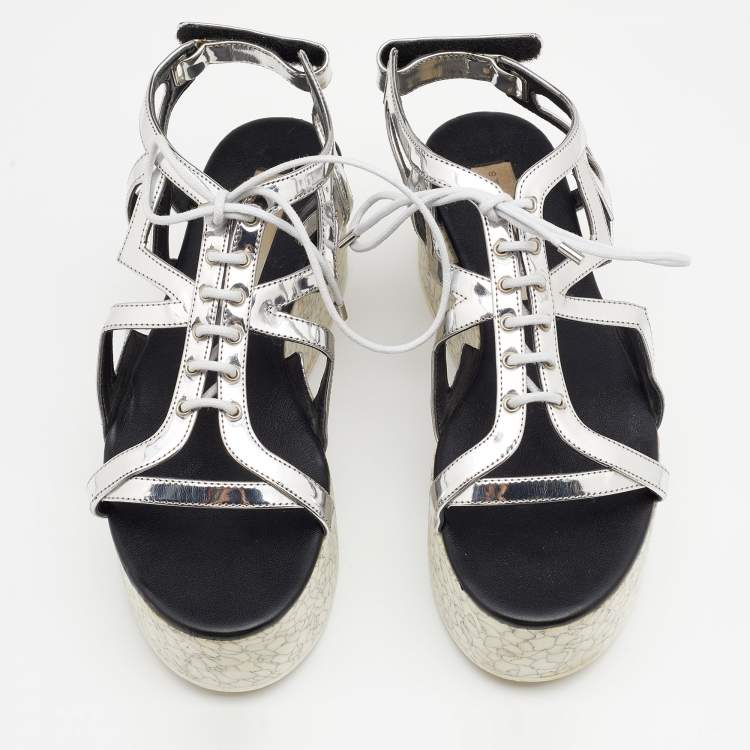 Pre Owned Stella McCartney Metallic Silver Cut Out Faux Leather Hackney Printed Wedge Platform Sandals Size 37