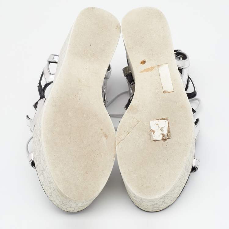 Pre Owned Stella McCartney Metallic Silver Cut Out Faux Leather Hackney Printed Wedge Platform Sandals Size 37