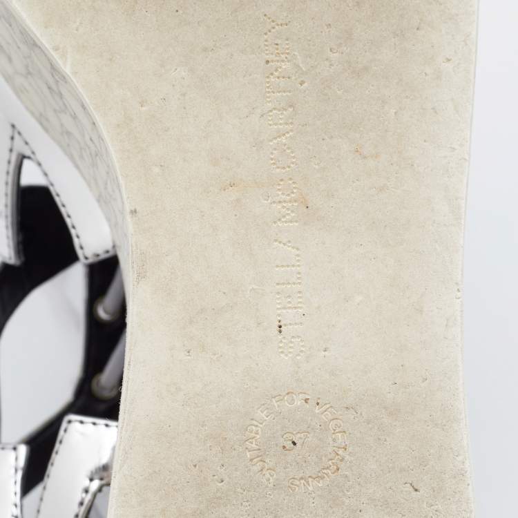Pre Owned Stella McCartney Metallic Silver Cut Out Faux Leather Hackney Printed Wedge Platform Sandals Size 37