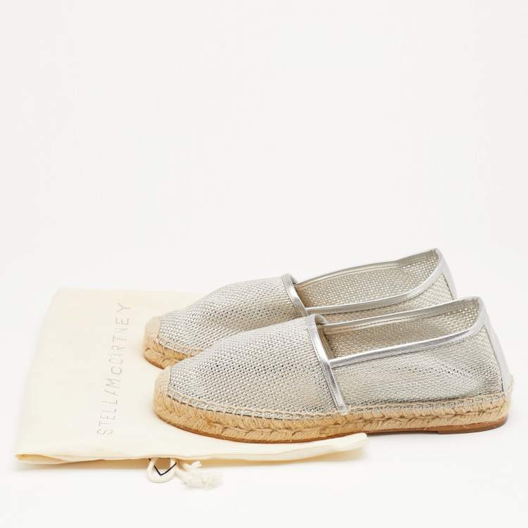 Pre Owned Stella McCartney Metallic Silver Mesh And Faux Leather Trims Slip On Espadrille Flats Size 37