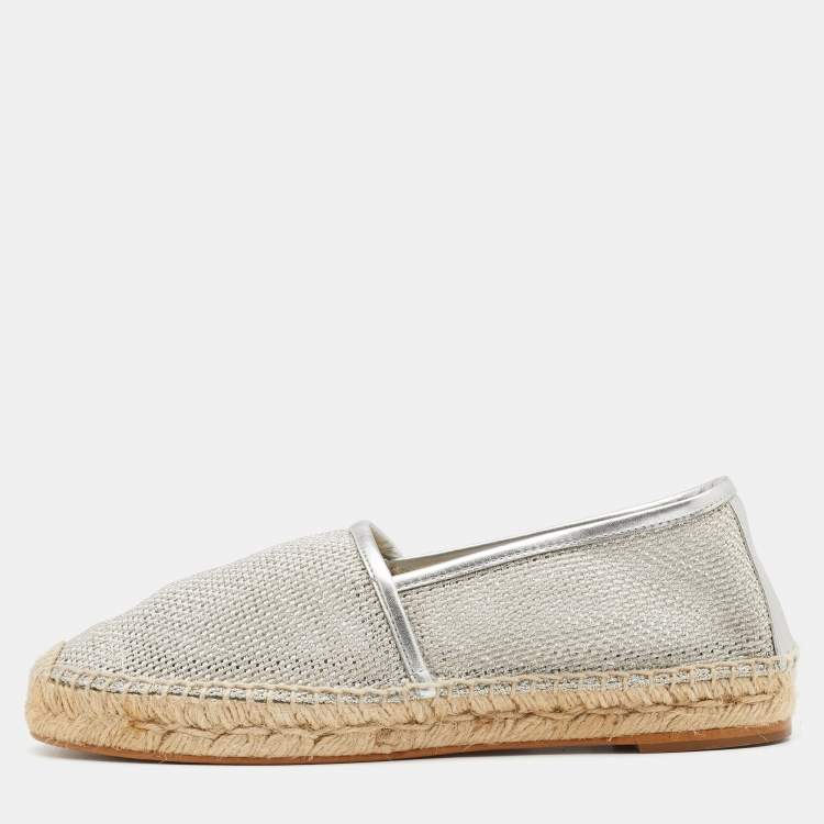 Pre Owned Stella McCartney Metallic Silver Mesh And Faux Leather Trims Slip On Espadrille Flats Size 37