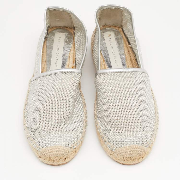 Pre Owned Stella McCartney Metallic Silver Mesh And Faux Leather Trims Slip On Espadrille Flats Size 37