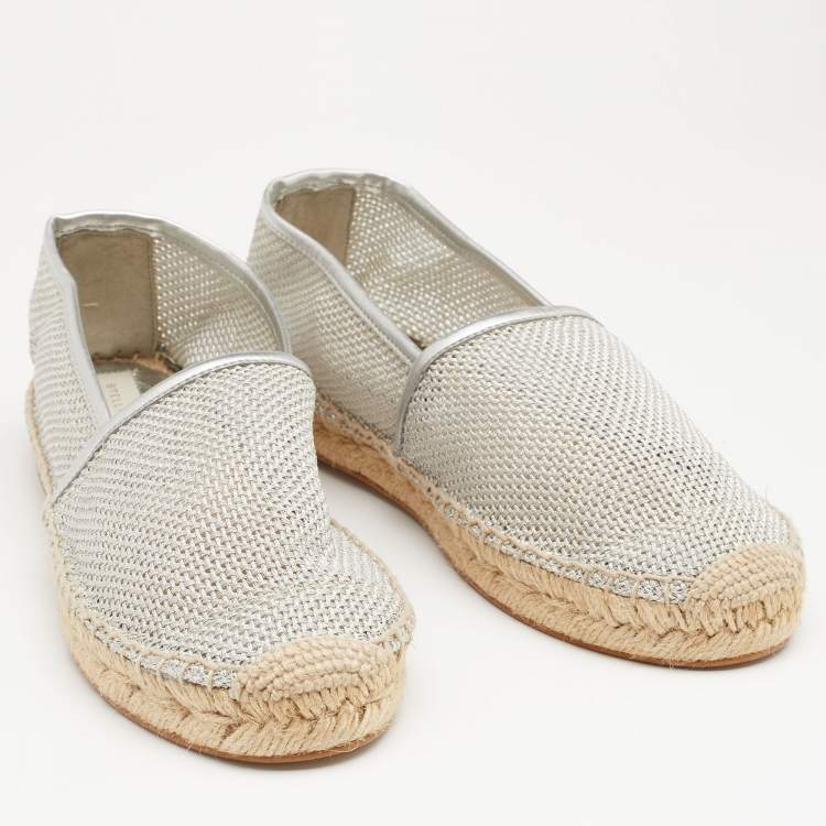 Pre Owned Stella McCartney Metallic Silver Mesh And Faux Leather Trims Slip On Espadrille Flats Size 37