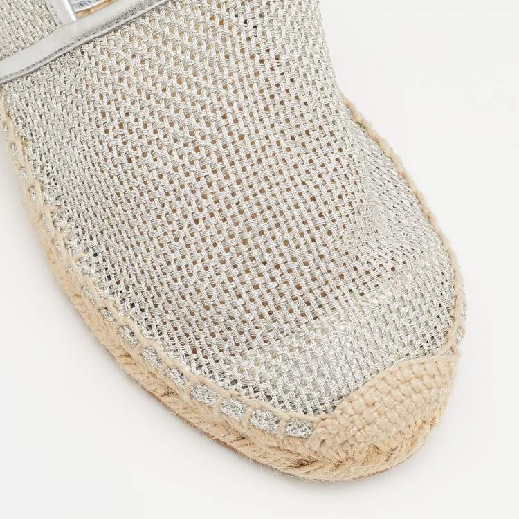 Pre Owned Stella McCartney Metallic Silver Mesh And Faux Leather Trims Slip On Espadrille Flats Size 37