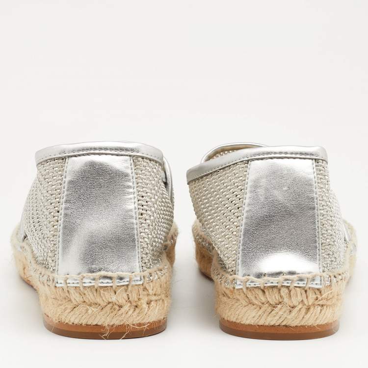 Pre Owned Stella McCartney Metallic Silver Mesh And Faux Leather Trims Slip On Espadrille Flats Size 37