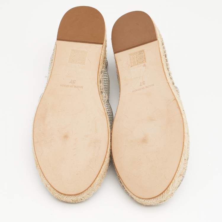 Pre Owned Stella McCartney Metallic Silver Mesh And Faux Leather Trims Slip On Espadrille Flats Size 37