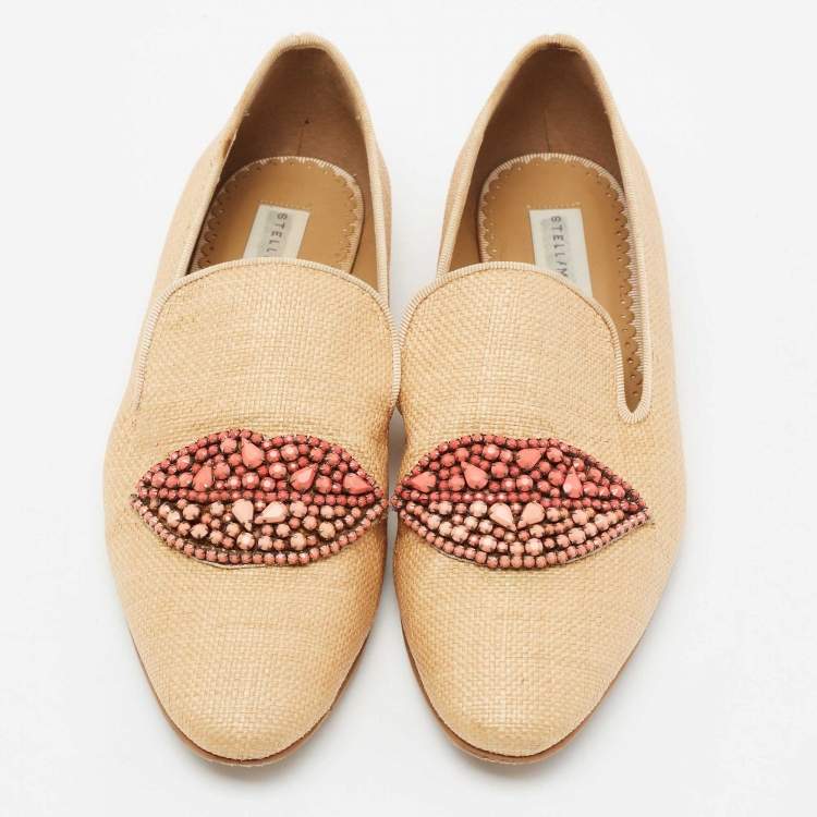 Pre Owned Stella McCartney Brown Woven Raffia Embellishment Tatami Smoking Slippers Size 35