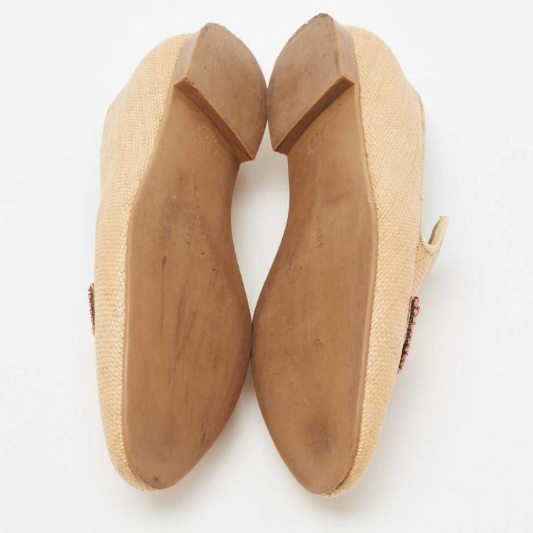 Pre Owned Stella McCartney Brown Woven Raffia Embellishment Tatami Smoking Slippers Size 35