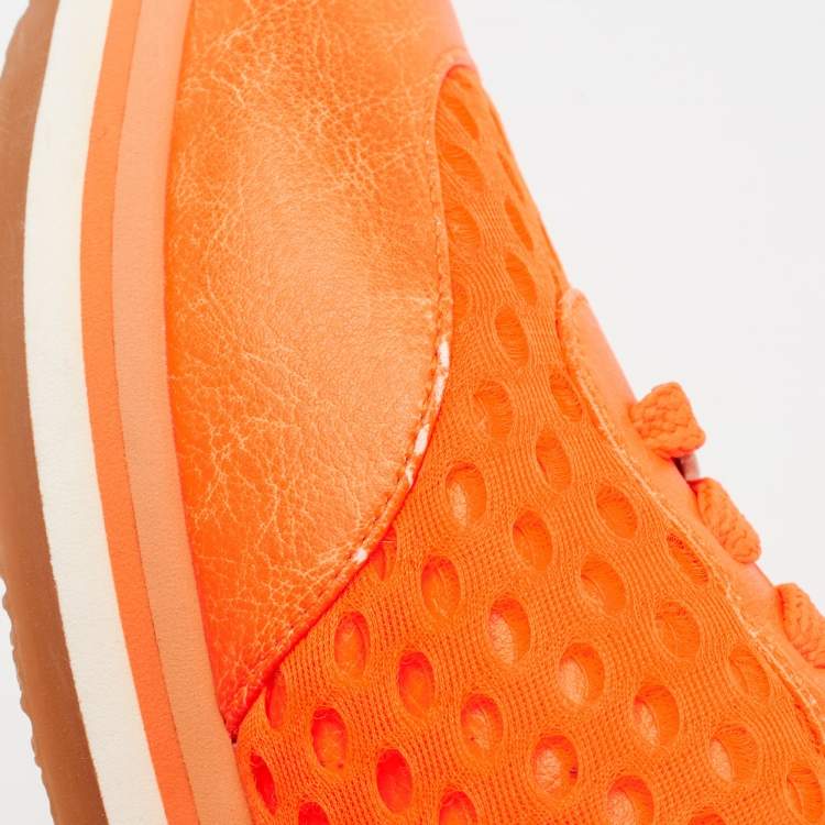 Pre Owned Stella McCartney Neon Orange Faux Leather and Mesh Low-Top Sneakers Size 37