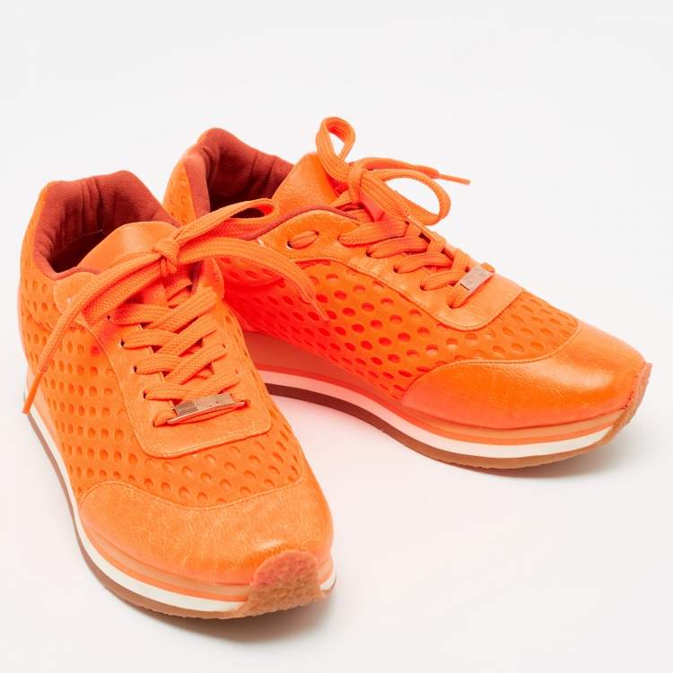 Pre Owned Stella McCartney Neon Orange Faux Leather and Mesh Low-Top Sneakers Size 37