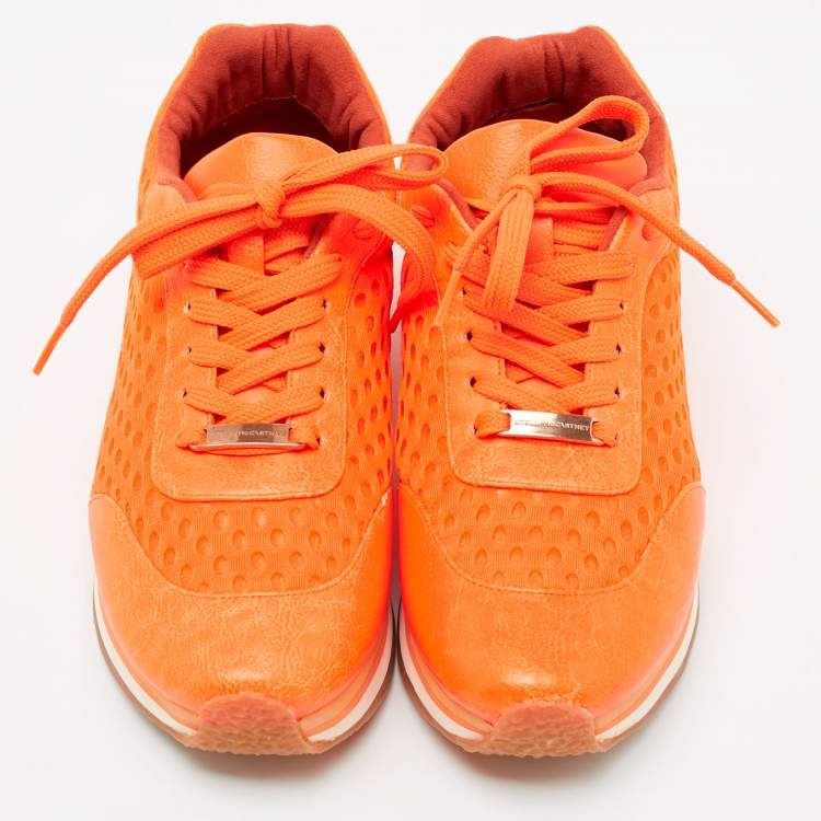 Pre Owned Stella McCartney Neon Orange Faux Leather and Mesh Low-Top Sneakers Size 37