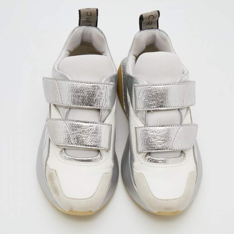 Pre Owned Stella McCartney White/Silver Faux Leather And Faux Suede Eclypse Velcro Sneakers Size 37