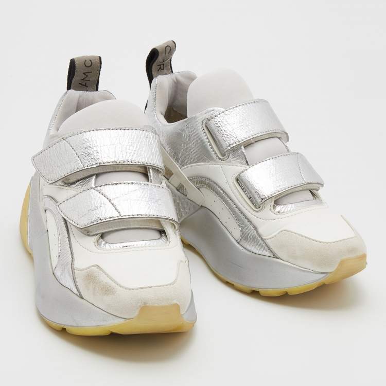 Pre Owned Stella McCartney White/Silver Faux Leather And Faux Suede Eclypse Velcro Sneakers Size 37