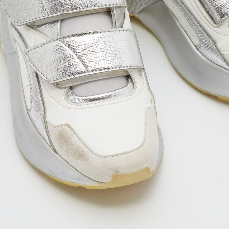 Pre Owned Stella McCartney White/Silver Faux Leather And Faux Suede Eclypse Velcro Sneakers Size 37