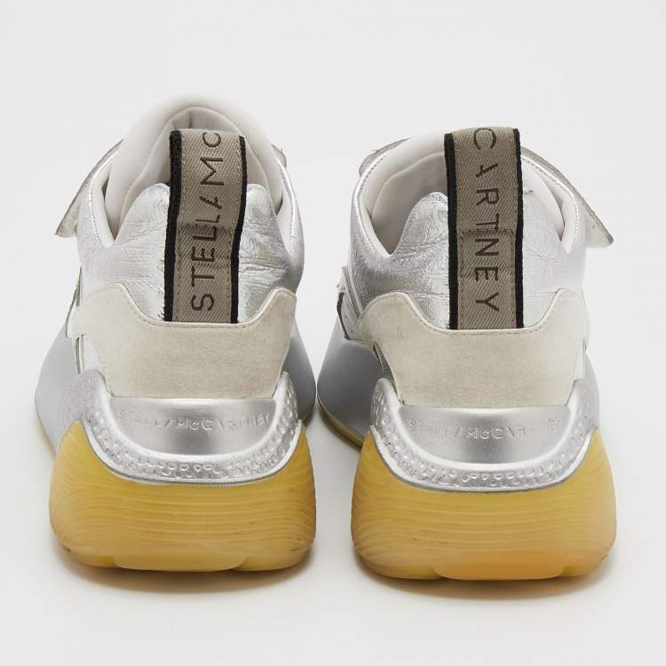 Pre Owned Stella McCartney White/Silver Faux Leather And Faux Suede Eclypse Velcro Sneakers Size 37