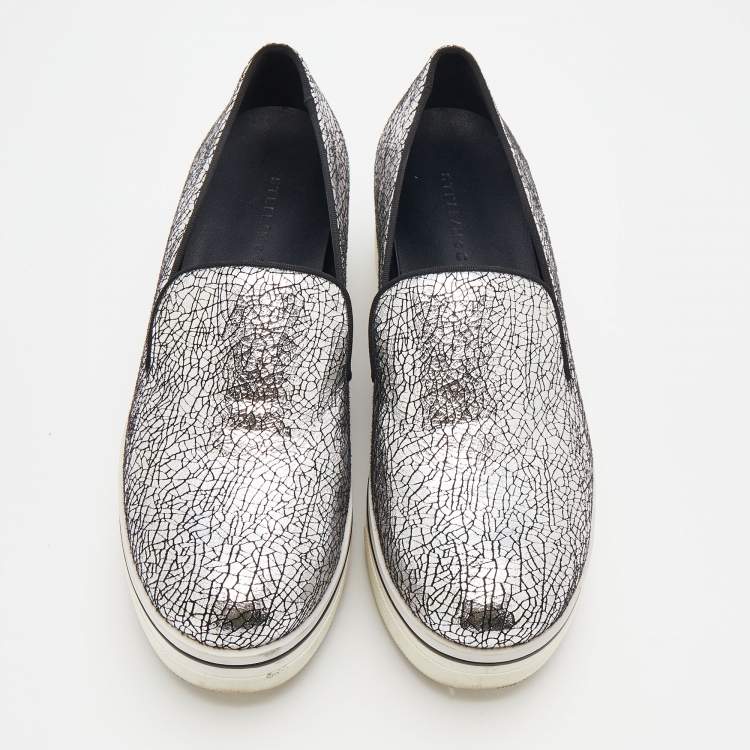Pre Owned Stella McCartney Metallic Silver Faux Crinkled Leather Binx Platform Slip On Sneakers Size 38