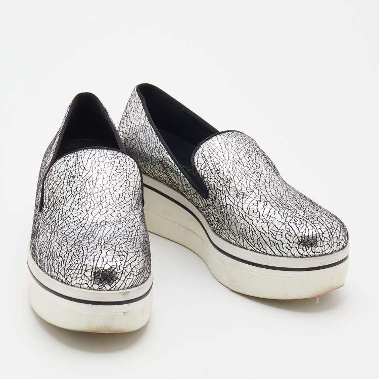 Pre Owned Stella McCartney Metallic Silver Faux Crinkled Leather Binx Platform Slip On Sneakers Size 38