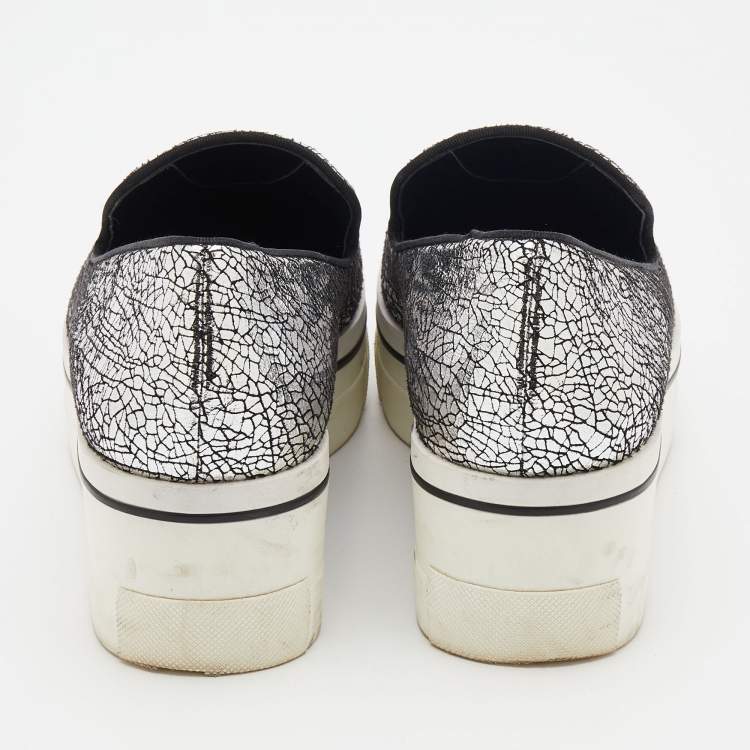 Pre Owned Stella McCartney Metallic Silver Faux Crinkled Leather Binx Platform Slip On Sneakers Size 38