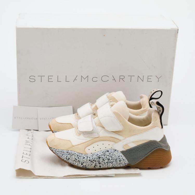 Pre Owned Stella McCartney Cream/White Faux Suede And Faux Leather Eclypse Velcro Strap Sneakers Size 35