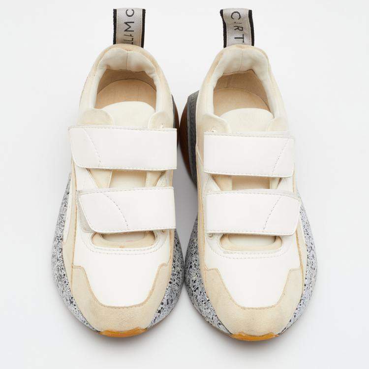 Pre Owned Stella McCartney Cream/White Faux Suede And Faux Leather Eclypse Velcro Strap Sneakers Size 35