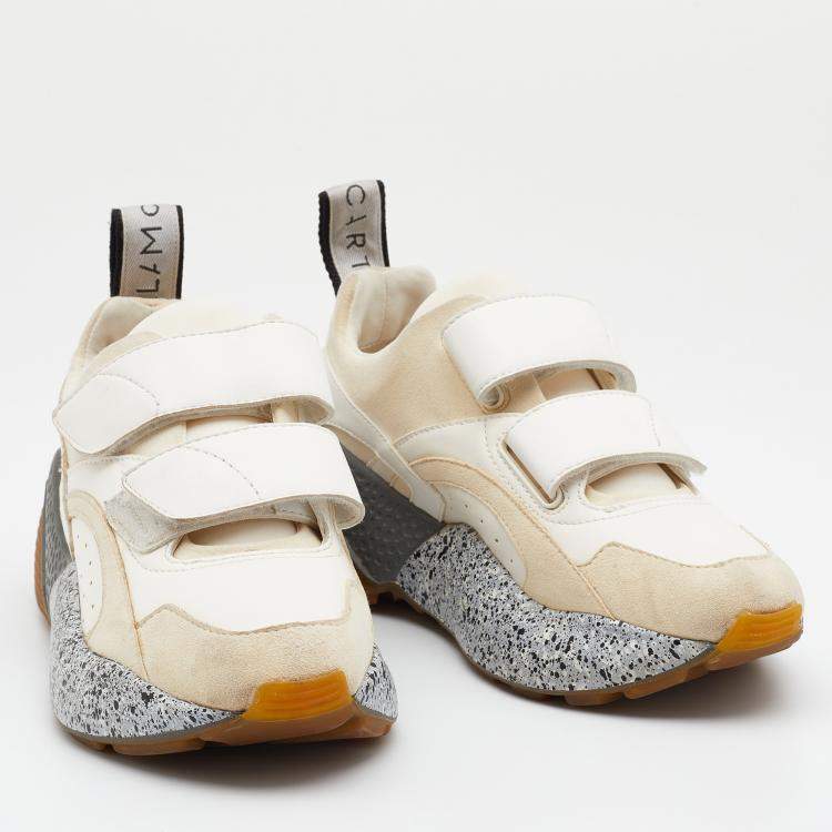 Pre Owned Stella McCartney Cream/White Faux Suede And Faux Leather Eclypse Velcro Strap Sneakers Size 35