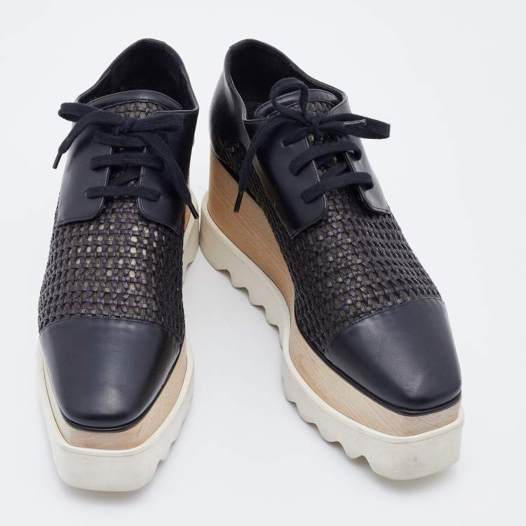 Pre Owned Stella McCartney Black Woven Faux Leather Elyse Platform Derby Size 38