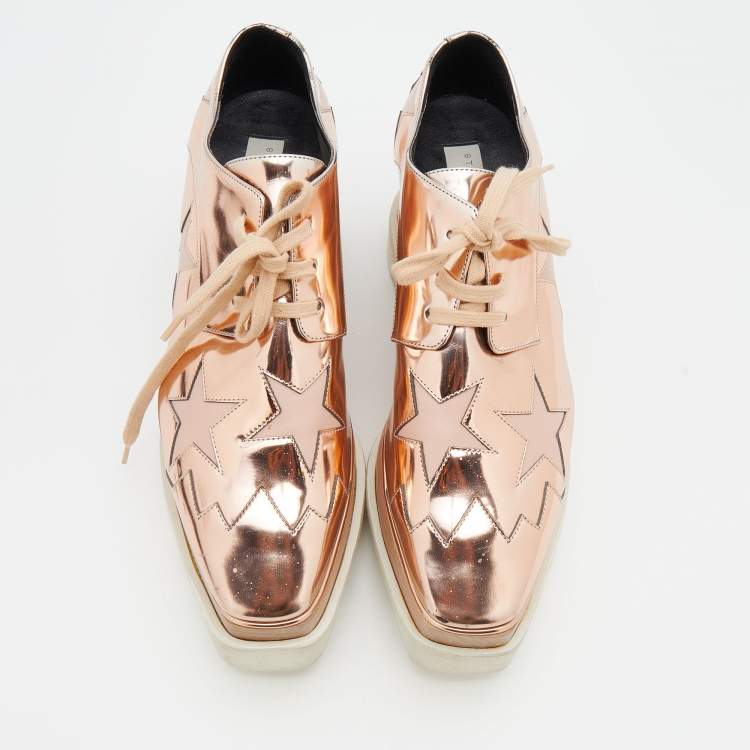 Pre Owned Stella McCartney Metallic Rose Gold Faux Patent and Leather Elyse Star Platform Sneakers Size 36.5
