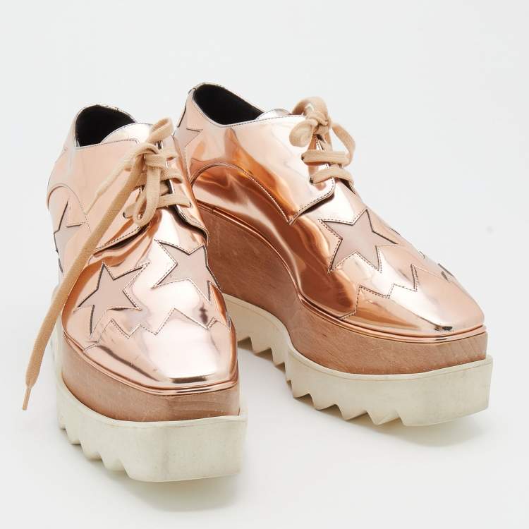 Pre Owned Stella McCartney Metallic Rose Gold Faux Patent and Leather Elyse Star Platform Sneakers Size 36.5