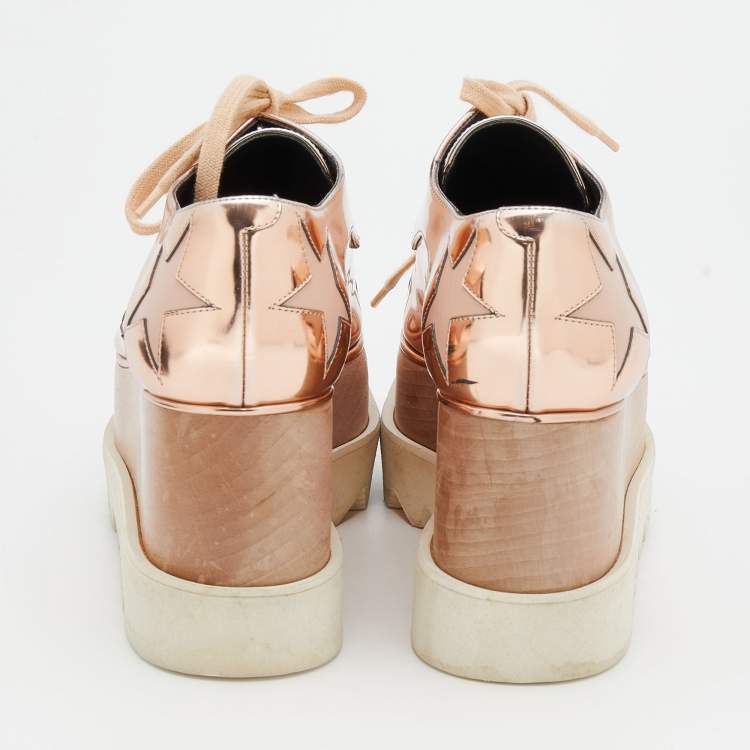 Pre Owned Stella McCartney Metallic Rose Gold Faux Patent and Leather Elyse Star Platform Sneakers Size 36.5