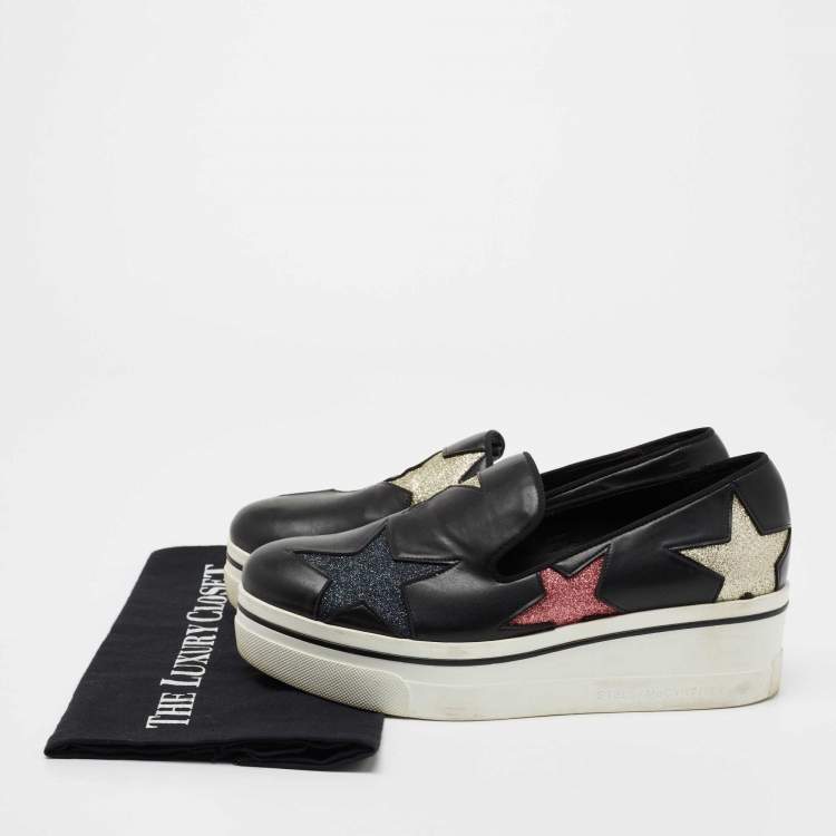 Pre Owned Stella McCartney Black Faux Leather Binx Star Platform Slip On Sneakers Size 38