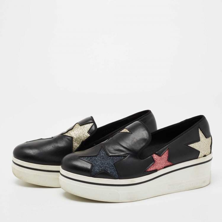 Pre Owned Stella McCartney Black Faux Leather Binx Star Platform Slip On Sneakers Size 38