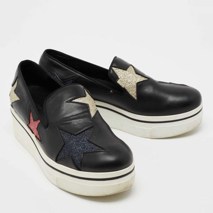 Pre Owned Stella McCartney Black Faux Leather Binx Star Platform Slip On Sneakers Size 38