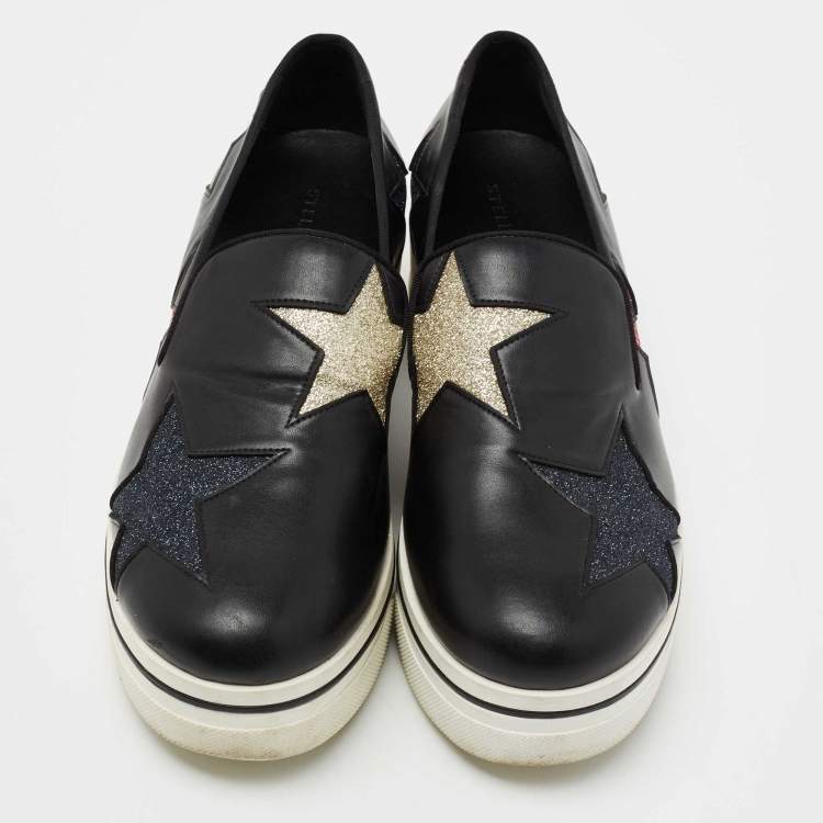 Pre Owned Stella McCartney Black Faux Leather Binx Star Platform Slip On Sneakers Size 38