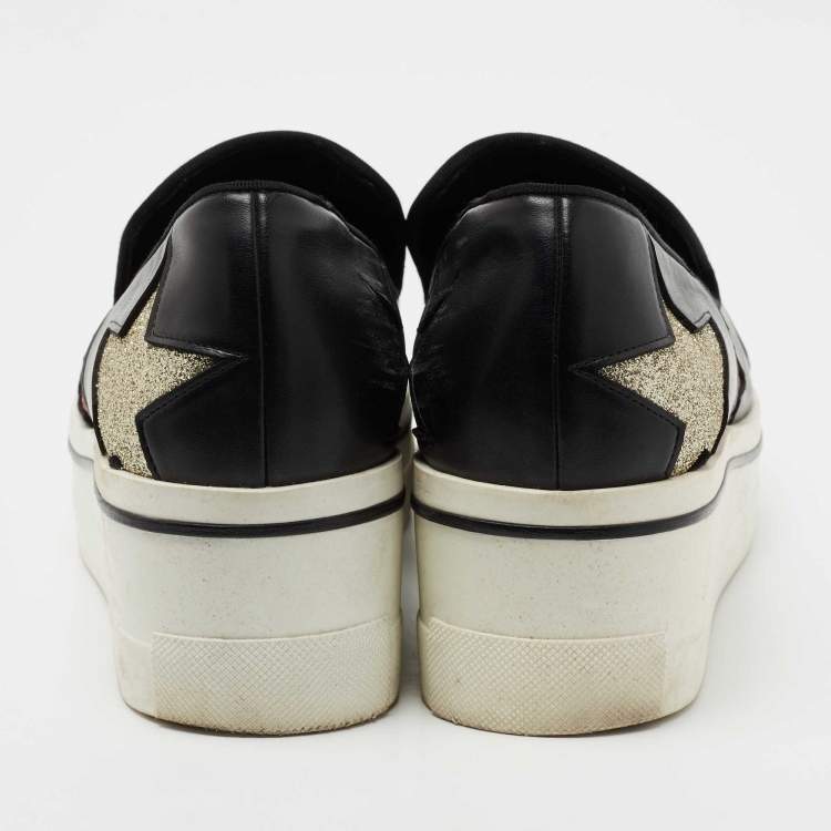 Pre Owned Stella McCartney Black Faux Leather Binx Star Platform Slip On Sneakers Size 38