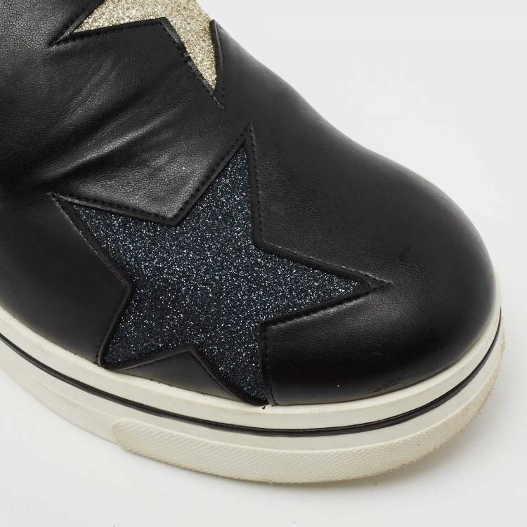 Pre Owned Stella McCartney Black Faux Leather Binx Star Platform Slip On Sneakers Size 38