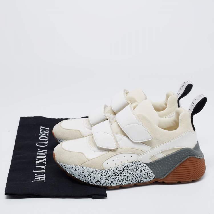 Pre Owned Stella McCartney Cream/White Faux Suede And Faux Leather Eclypse Velcro Strap Sneakers Size 36
