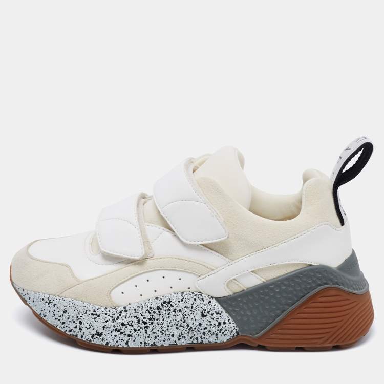 Pre Owned Stella McCartney Cream/White Faux Suede And Faux Leather Eclypse Velcro Strap Sneakers Size 36
