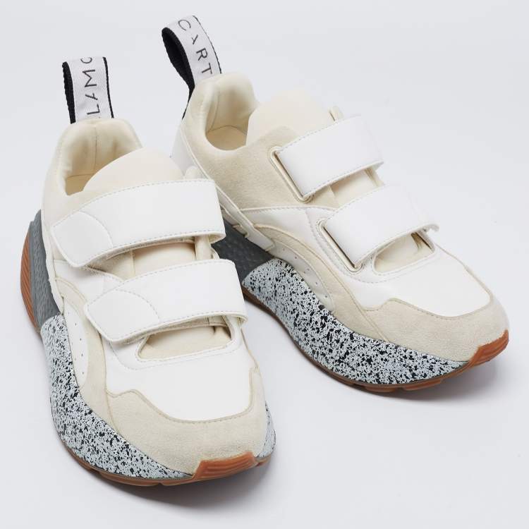 Pre Owned Stella McCartney Cream/White Faux Suede And Faux Leather Eclypse Velcro Strap Sneakers Size 36