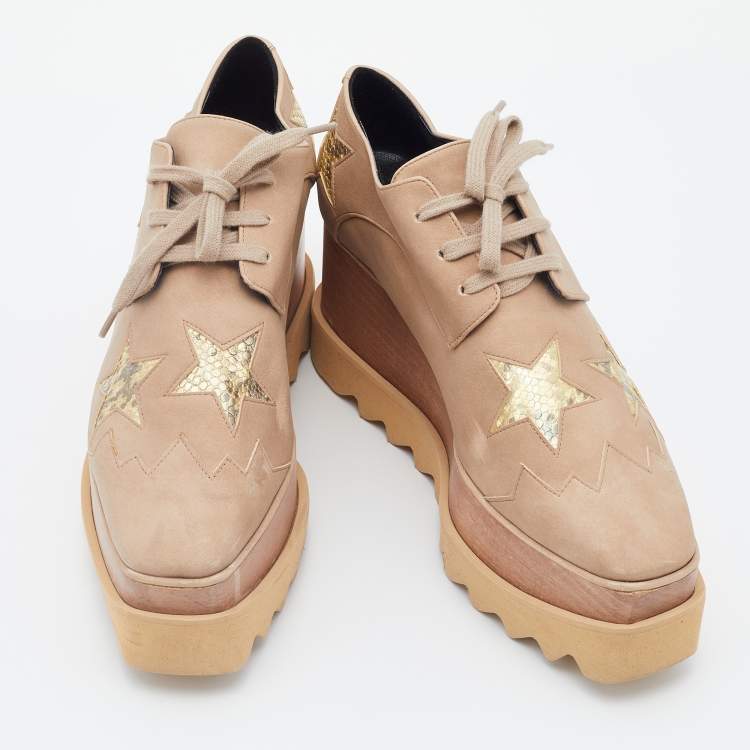 Pre Owned Stella McCartney Beige Faux Suede Elyse Star Platform Lace Up Derby Size 37