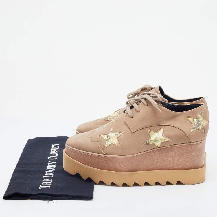 Pre Owned Stella McCartney Beige Faux Suede Elyse Star Platform Lace Up Derby Size 37