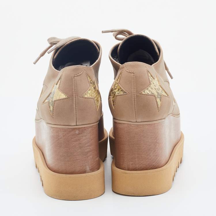 Pre Owned Stella McCartney Beige Faux Suede Elyse Star Platform Lace Up Derby Size 37